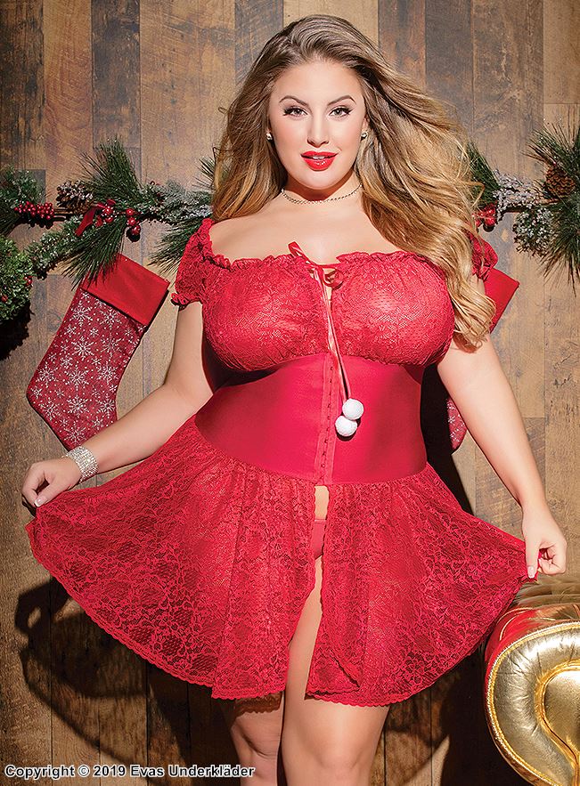 Cute babydoll, lace, off shoulder, Christmas theme